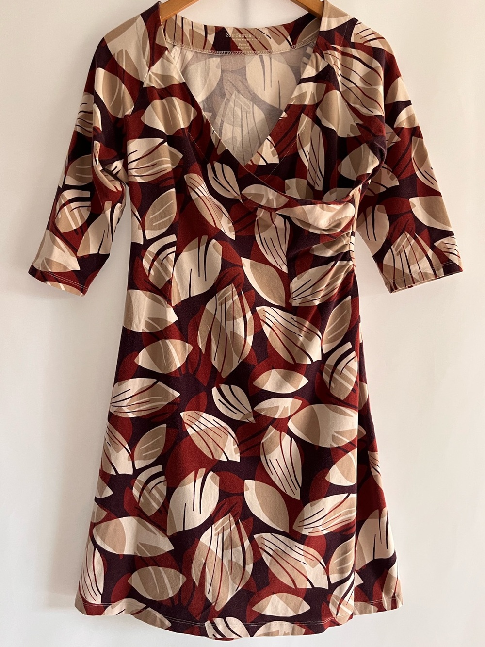Soft Surroundings Burgundy Brown Cream Bold Leaf Knit Wrap Style Midi Dress PM